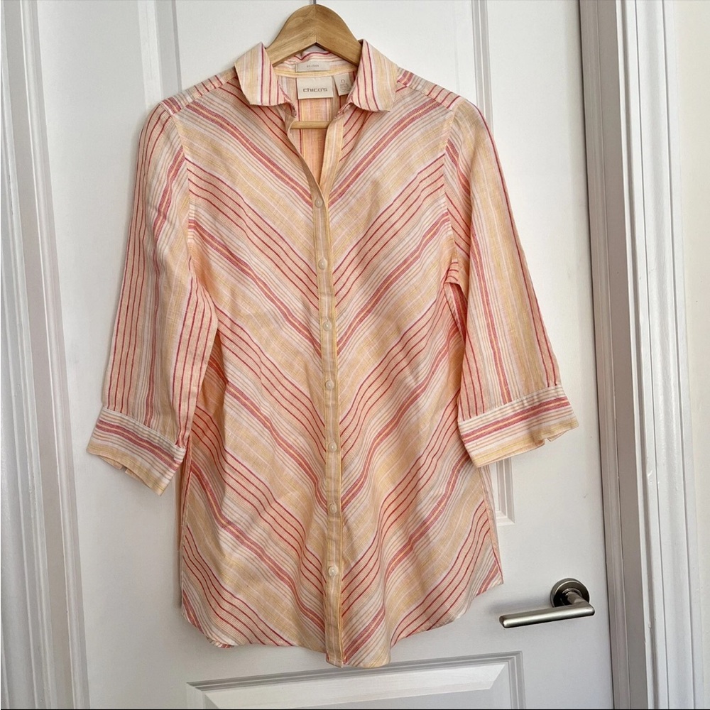 Chico’s 100% Linen Womens Striped 3/4 Sleeve Button-Up No-Iron Shirt Sz 0 US S
